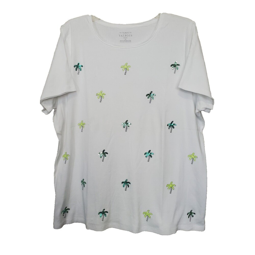 Talbots Woman 100% Cotton White Sequined Palm Trees Short Sleeve T-Shirt Size 2X